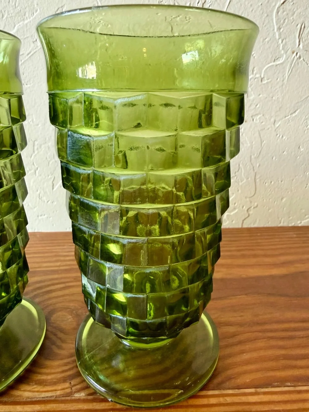 Indiana Glass Whitehall Cubist Olive Green Footed Tumblers Set of 4